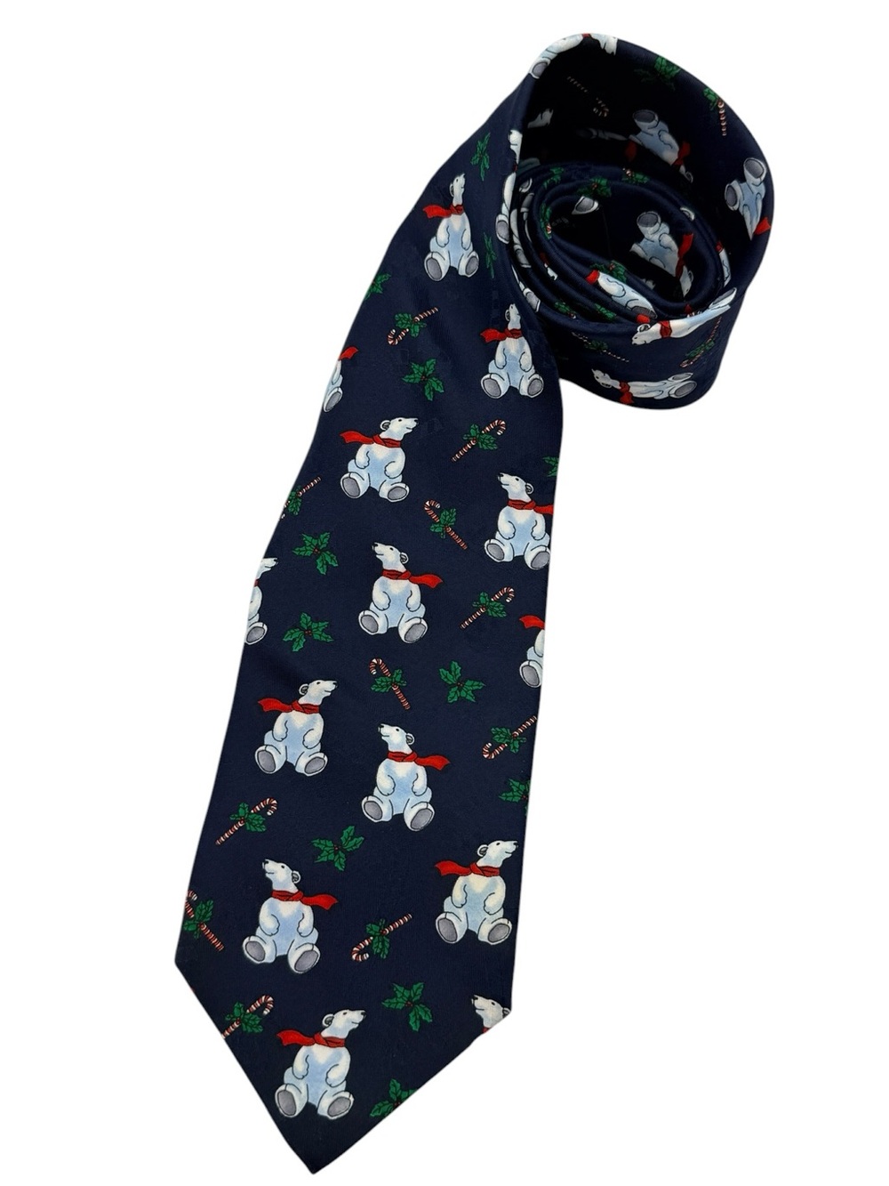 VTG Hallmark Christmas Polar Bear Candy Cane Navy Blue Men's Silk Holiday Tie